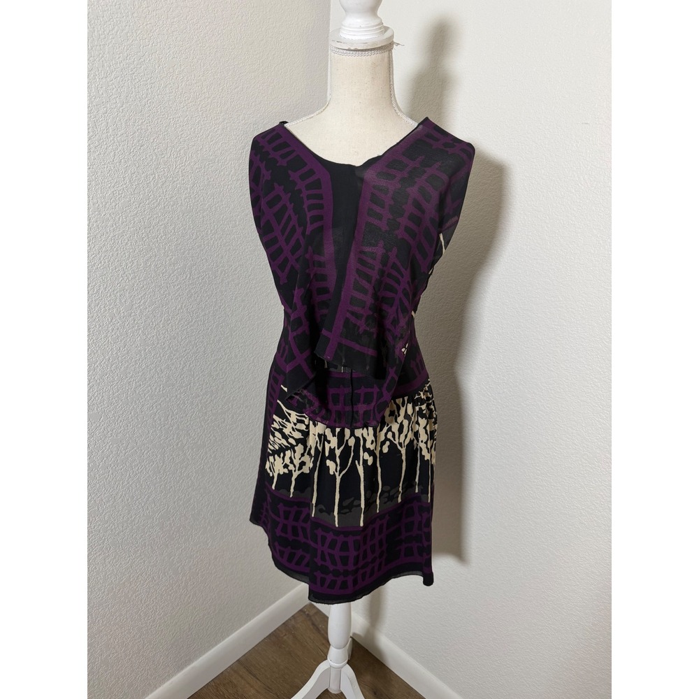 Anna Sui Silk Wool Dress Womens 4 Purple Black Geometric Print Made in USA